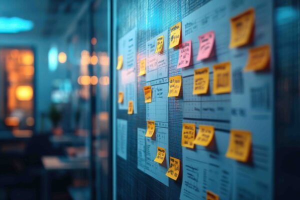 ホワイトボードに付箋を貼り、業務の効率化とプランニングをする様子